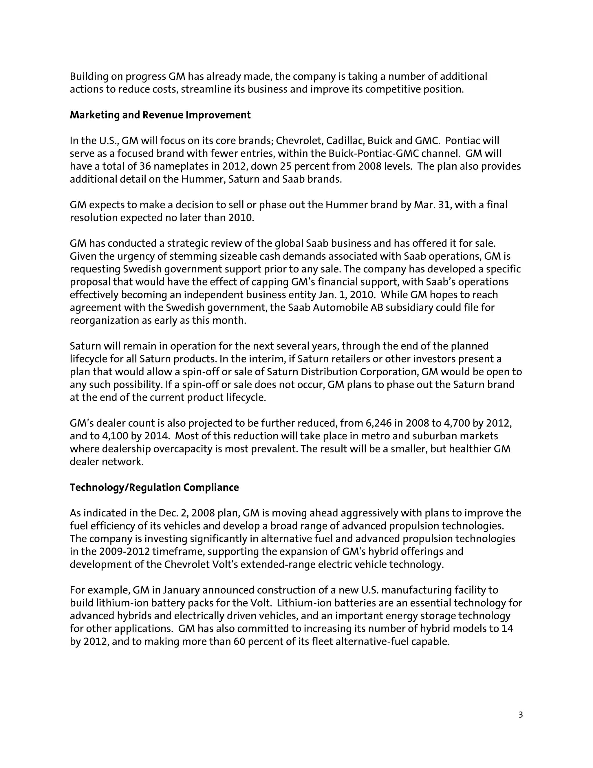 Gm Events & Presentations Gm Restructuring Plan Submitted To U.S. Department Of The Treasury