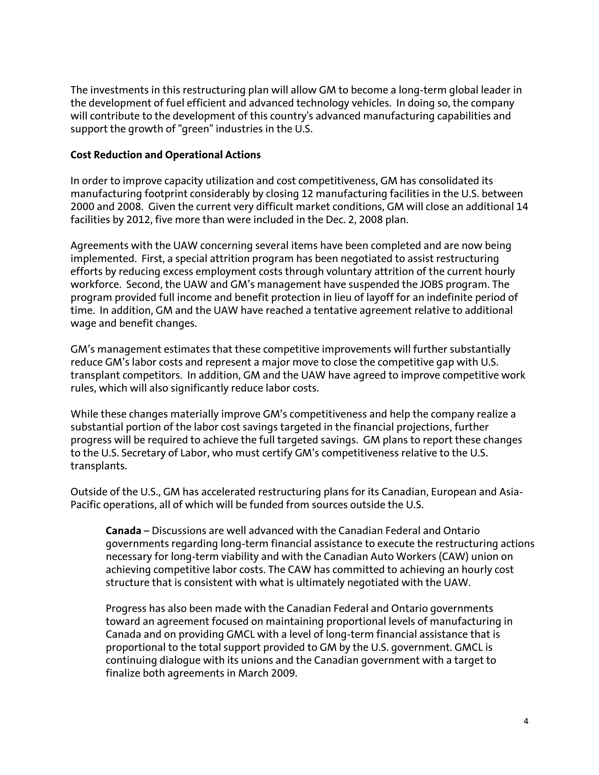 Gm Events & Presentations Gm Restructuring Plan Submitted To U.S. Department Of The Treasury