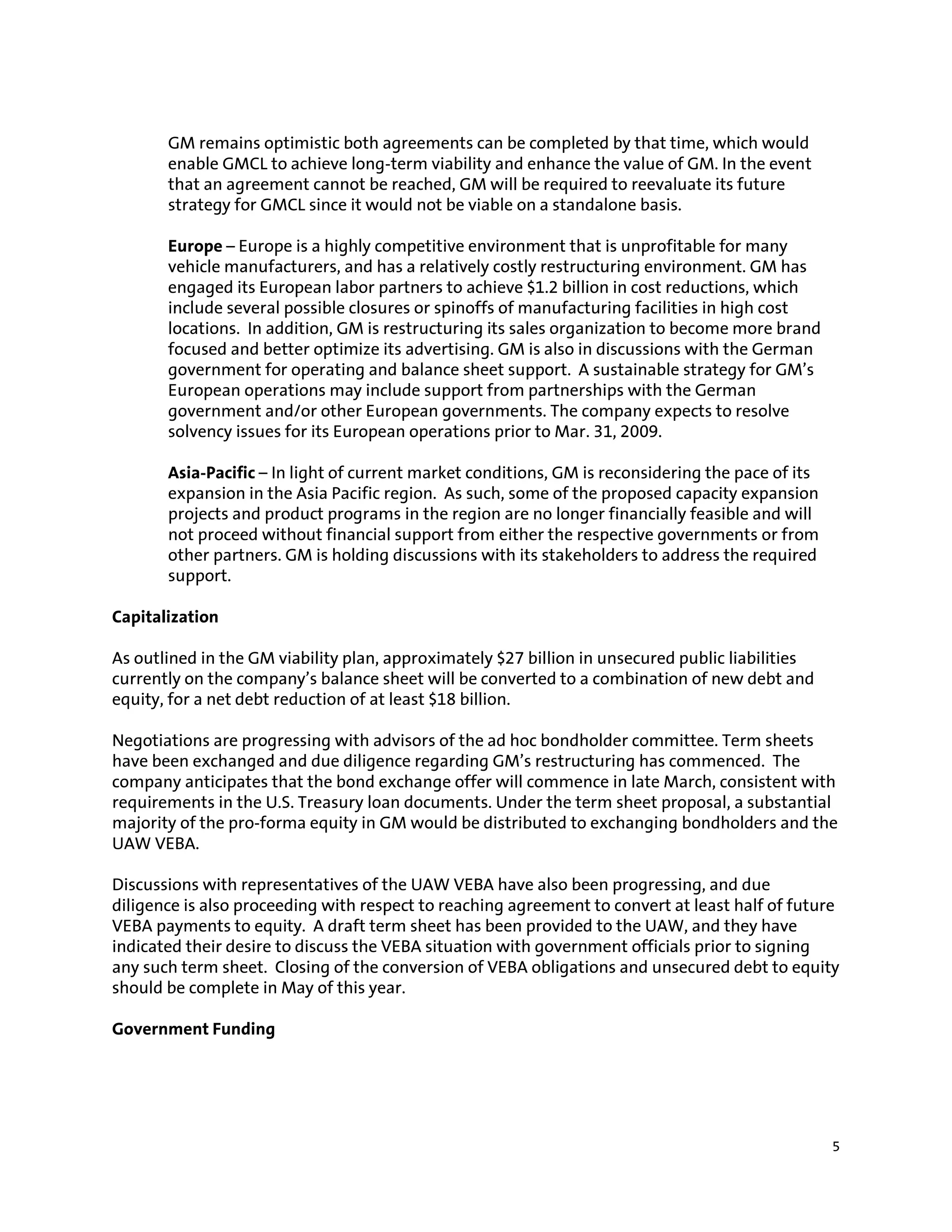 Gm Events & Presentations Gm Restructuring Plan Submitted To U.S. Department Of The Treasury