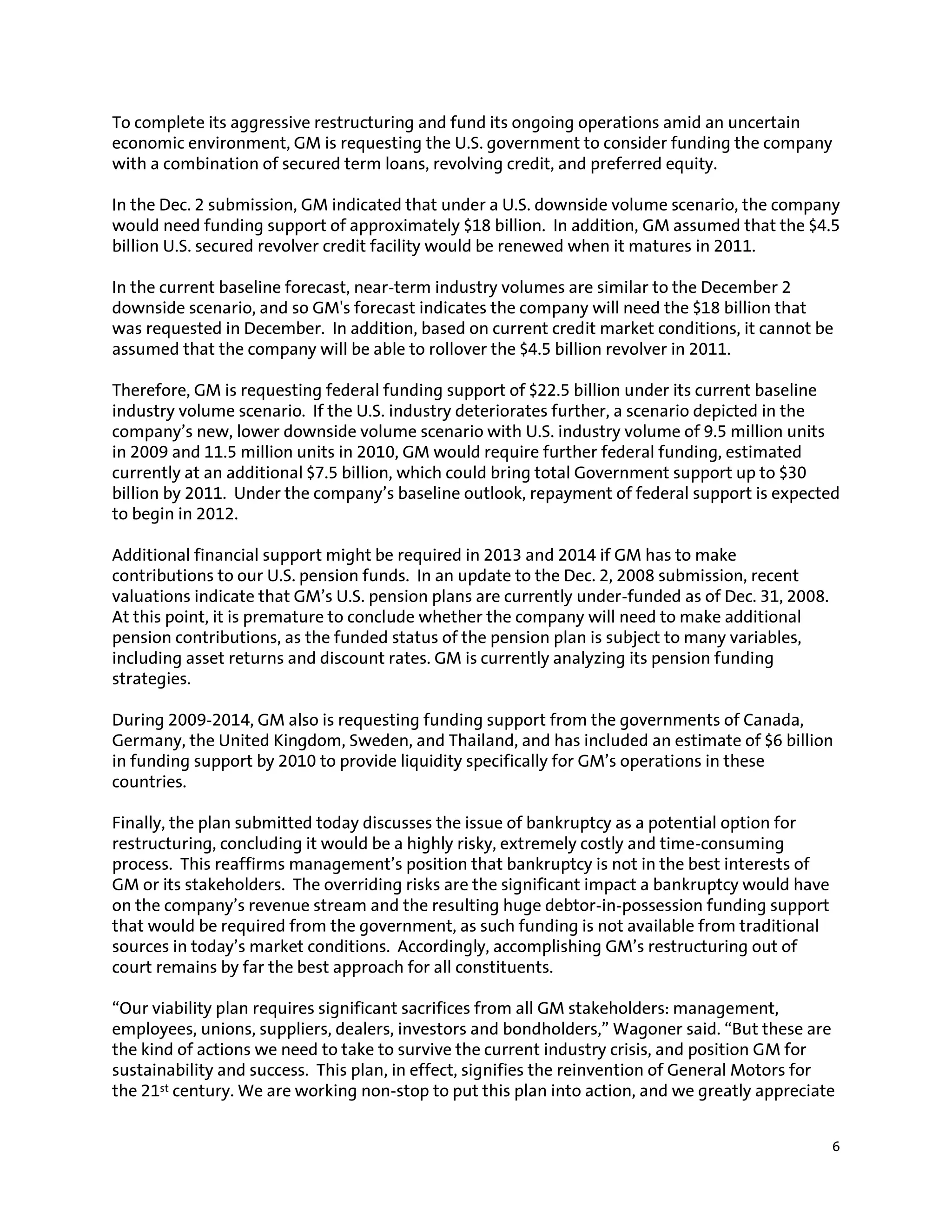 Gm Events & Presentations Gm Restructuring Plan Submitted To U.S. Department Of The Treasury