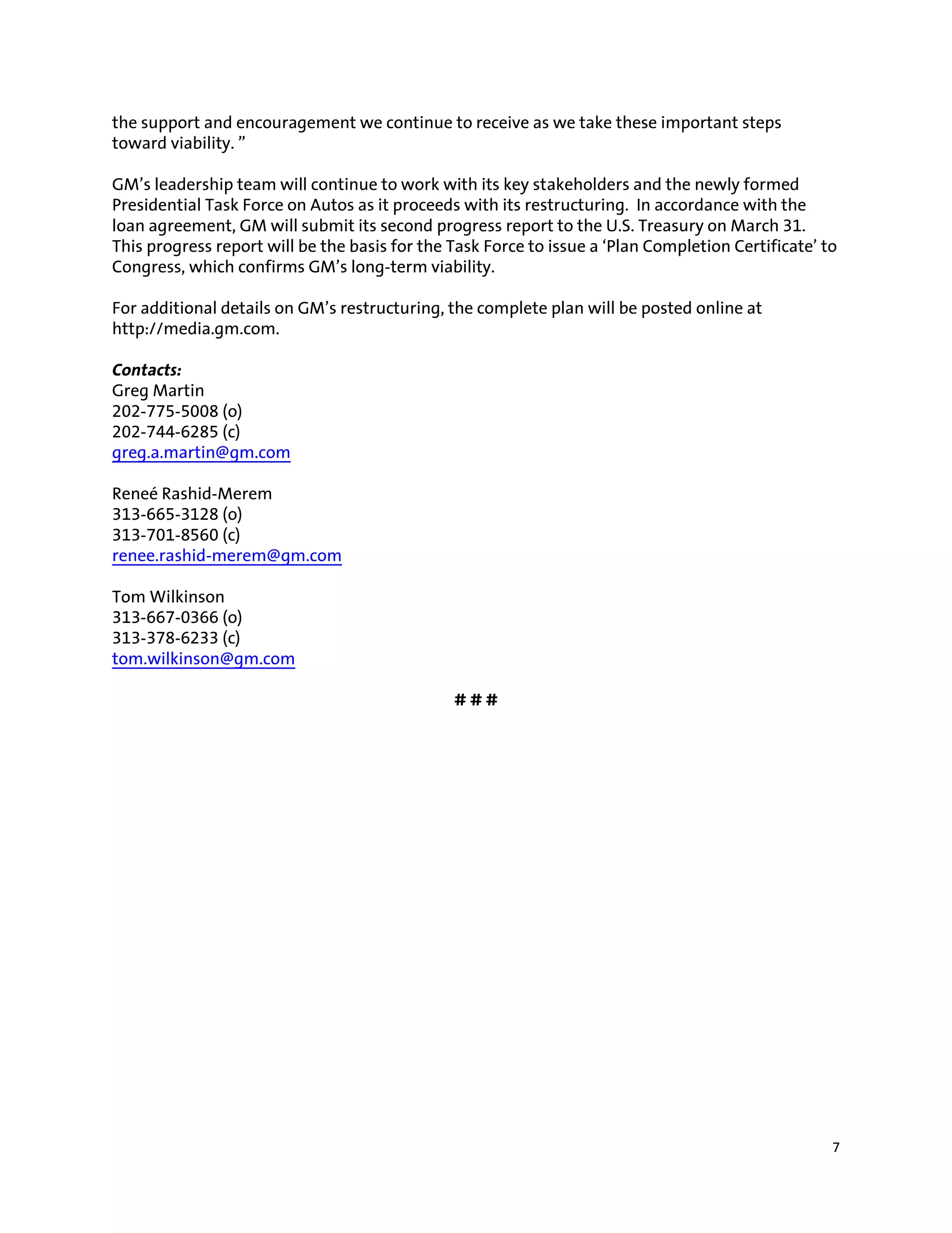 Gm Events & Presentations Gm Restructuring Plan Submitted To U.S. Department Of The Treasury