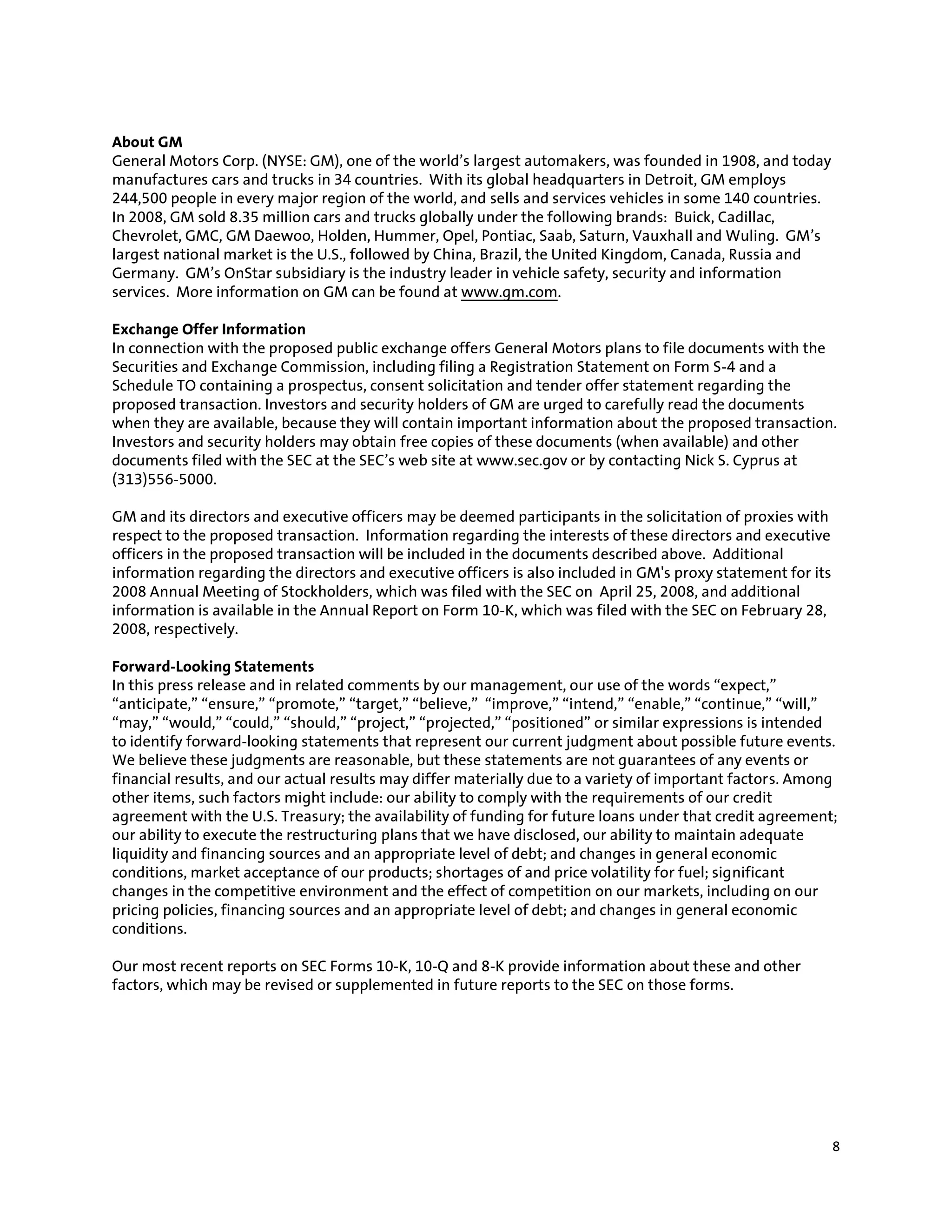 Gm Events & Presentations Gm Restructuring Plan Submitted To U.S. Department Of The Treasury