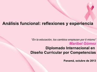 Análisis funcional: reflexiones y experiencia

“En la educación, los cambios empiezan por ti mismo”

Maribel Gómez
Diplomado Internacional en
Diseño Curricular por Competencias
Panamá, octubre de 2013

 
