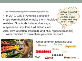 Most common genetically modified foods-have you eaten any?   Did you know that
                                                              over 30,000
• In 2010, 93% of America's soybean                           products in your
crops were modified to make them herbicide                    local grocery store
                                                              are GM foods?
resistant. Soy foods include: dressings,
mayonnaise, soy flour & oil, breads, etc.
Also, 93% of cotton crops(oil), and 75% rapeseed(canola)
  were modified to make them pesticide resistant.

                                        Other common foods include:
                                          Honey     Papaya
                                                              Squash
                                                   Rice
                                        tomatoes          Corn
                                                  Tobacco
                                       PEAS    Meat          Potatoes               7
 