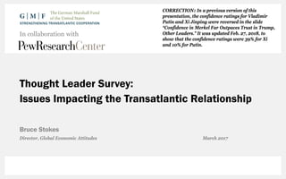 Thought Leader Survey:
Issues Impacting the Transatlantic Relationship
Bruce Stokes
In collaboration with
Director, Global Economic Attitudes March 2017
CORRECTION: In a previous version of this
presentation, the confidence ratings for Vladimir
Putin and Xi Jinping were reversed in the slide
“Confidence in Merkel Far Outpaces Trust in Trump,
Other Leaders.” It was updated Feb. 27, 2018, to
show that the confidence ratings were 39% for Xi
and 10% for Putin.
 