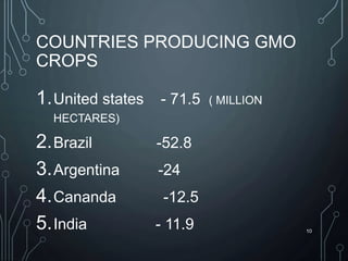 COUNTRIES PRODUCING GMO
CROPS
1.United states - 71.5 ( MILLION
HECTARES)
2.Brazil -52.8
3.Argentina -24
4.Cananda -12.5
5.India - 11.9 10
 