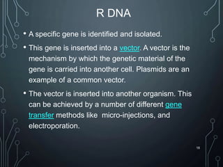 R DNA
• A specific gene is identified and isolated.
• This gene is inserted into a vector. A vector is the
mechanism by which the genetic material of the
gene is carried into another cell. Plasmids are an
example of a common vector.
• The vector is inserted into another organism. This
can be achieved by a number of different gene
transfer methods like micro-injections, and
electroporation.
18
 