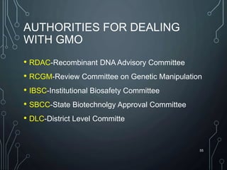 AUTHORITIES FOR DEALING
WITH GMO
• RDAC-Recombinant DNA Advisory Committee
• RCGM-Review Committee on Genetic Manipulation
• IBSC-Institutional Biosafety Committee
• SBCC-State Biotechnolgy Approval Committee
• DLC-District Level Committe
55
 