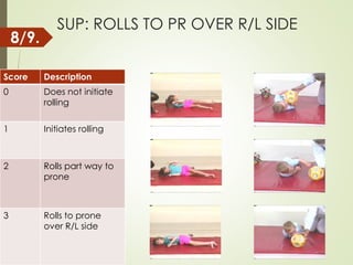 SUP: ROLLS TO PR OVER R/L SIDE
Score Description
0 Does not initiate
rolling
1 Initiates rolling
2 Rolls part way to
prone
3 Rolls to prone
over R/L side
8/9.
 