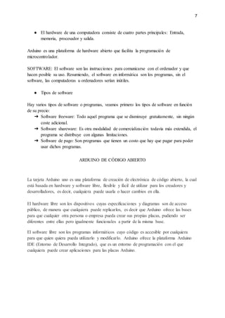 7
● El hardware de una computadora consiste de cuatro partes principales: Entrada,
memoria, procesador y salida.
Arduino es una plataforma de hardware abierto que facilita la programación de
microcontrolador.
SOFTWARE: El software son las instrucciones para comunicarse con el ordenador y que
hacen posible su uso. Resumiendo, el software en informática son los programas, sin el
software, las computadoras u ordenadores serían inútiles.
● Tipos de software
Hay varios tipos de software o programas, veamos primero los tipos de software en función
de su precio:
➔ Software freeware: Todo aquel programa que se disminuye gratuitamente, sin ningún
coste adicional.
➔ Software shareware: Es otra modalidad de comercialización todavía más extendida, el
programa se distribuye con algunas limitaciones.
➔ Software de pago: Son programas que tienen un costo que hay que pagar para poder
usar dichos programas.
ARDUINO DE CÓDIGO ABIERTO
La tarjeta Arduino uno es una plataforma de creación de electrónica de código abierto, la cual
está basada en hardware y software libre, flexible y fácil de utilizar para los creadores y
desarrolladores, es decir, cualquiera puede usarla o hacer cambios en ella.
El hardware libre son los dispositivos cuyas especificaciones y diagramas son de acceso
público, de manera que cualquiera puede replicarlos, es decir que Arduino ofrece las bases
para que cualquier otra persona o empresa pueda crear sus propias placas, pudiendo ser
diferentes entre ellas pero igualmente funcionales a partir de la misma base.
El software libre son los programas informáticos cuyo código es accesible por cualquiera
para que quien quiera pueda utilizarlo y modificarlo. Arduino ofrece la plataforma Arduino
IDE (Entorno de Desarrollo Integrado), que es un entorno de programación con el que
cualquiera puede crear aplicaciones para las placas Arduino.
 