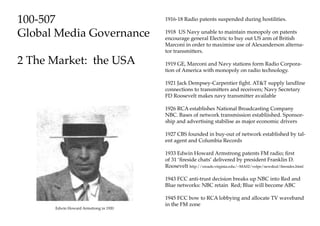 100-507                                1916-18 Radio patents suspended during hostilities.

Global Media Governance                1918 US Navy unable to maintain monopoly on patents
                                       encourage general Electric to buy out US arm of British
                                       Marconi in order to maximise use of Alexanderson alterna-
                                       tor transmitters.

2 The Market: the USA                  1919 GE, Marconi and Navy stations form Radio Corpora-
                                       tion of America with monopoly on radio technology.

                                       1921 Jack Dempsey-Carpentier fight. AT&T supply landline
                                       connections to transmitters and receivers; Navy Secretary
                                       FD Roosevelt makes navy transmitter available

                                       1926 RCA establishes National Broadcasting Company
                                       NBC. Bases of network transmission establiished. Sponsor-
                                       ship and advertising stabilise as major economic drivers

                                       1927 CBS founded in buy-out of network established by tal-
                                       ent agent and Columbia Records

                                       1933 Edwin Howard Armstrong patents FM radio; first
                                       of 31 ‘fireside chats’ delivered by president Franklin D.
                                       Roosevelt http://xroads.virginia.edu/~MA02/volpe/newdeal/firesides.html

                                       1943 FCC anti-trust decision breaks up NBC into Red and
                                       Blue networks: NBC retain Red; Blue will become ABC

                                       1945 FCC bow to RCA lobbying and allocate TV waveband
                                       in the FM zone
      Edwin Howard Armstrong in 1920
 