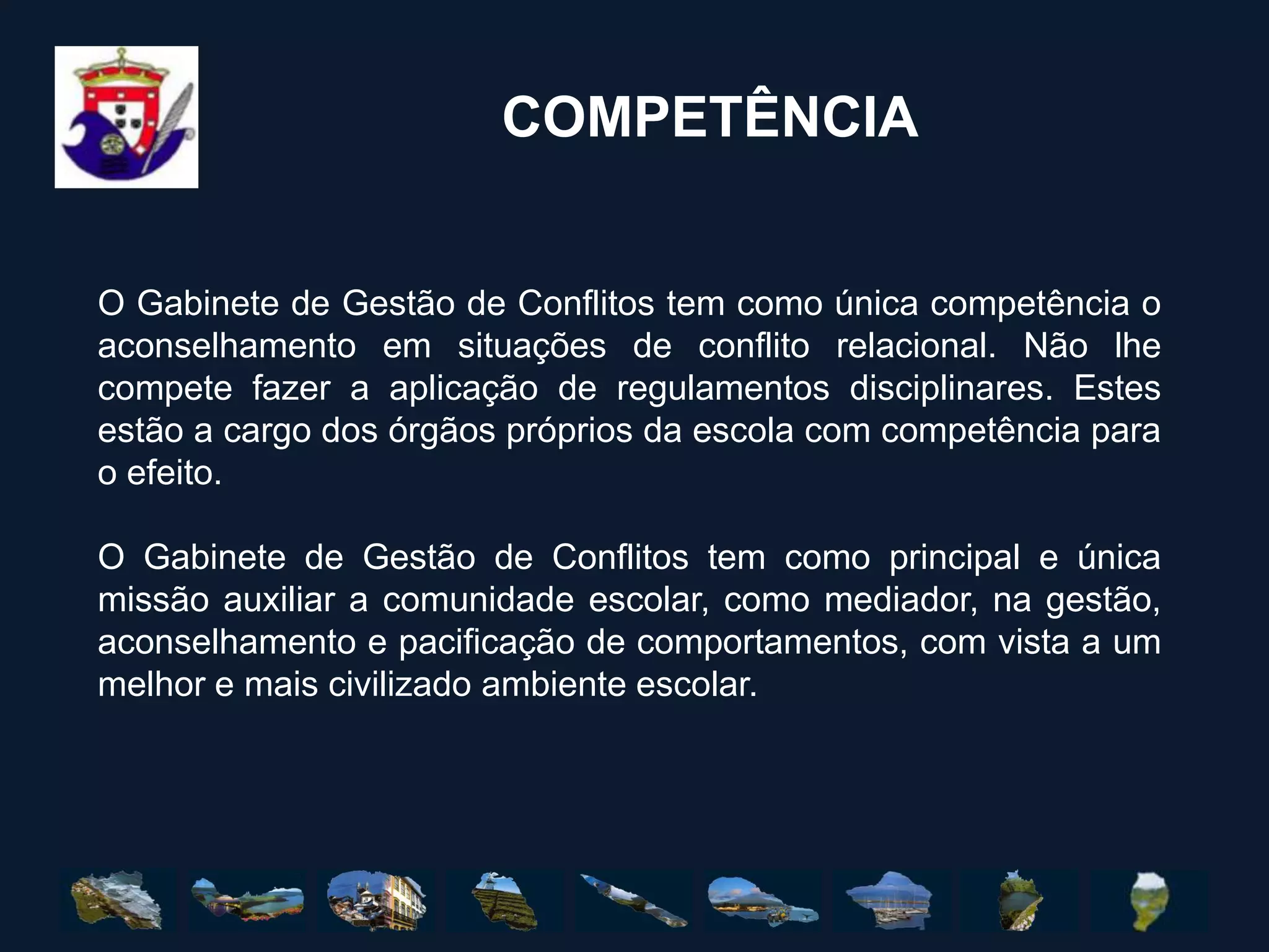OBJECTIVOS OPERACIONAISAuxiliar os órgãos directivos da escola na formação de uma comunidade pacífica, sempre que for solicitada a actuação do Gabinete de Gestão de Conflitos.Ajudar os Directores de turma da escola na resolução de problemas de agressividade, indisciplina e violência, do seu grupo de alunos, particularmente quando esses actos de conflituosidade não se restringirem unicamente ao universo da sua turma e envolvam alunos de outras direcções.Auxiliar os alunos, vítimas de discriminações por parte dos colegas, tentando integrá-los no seu grupo de turma e, consequentemente, no universo da comunidade escolar.