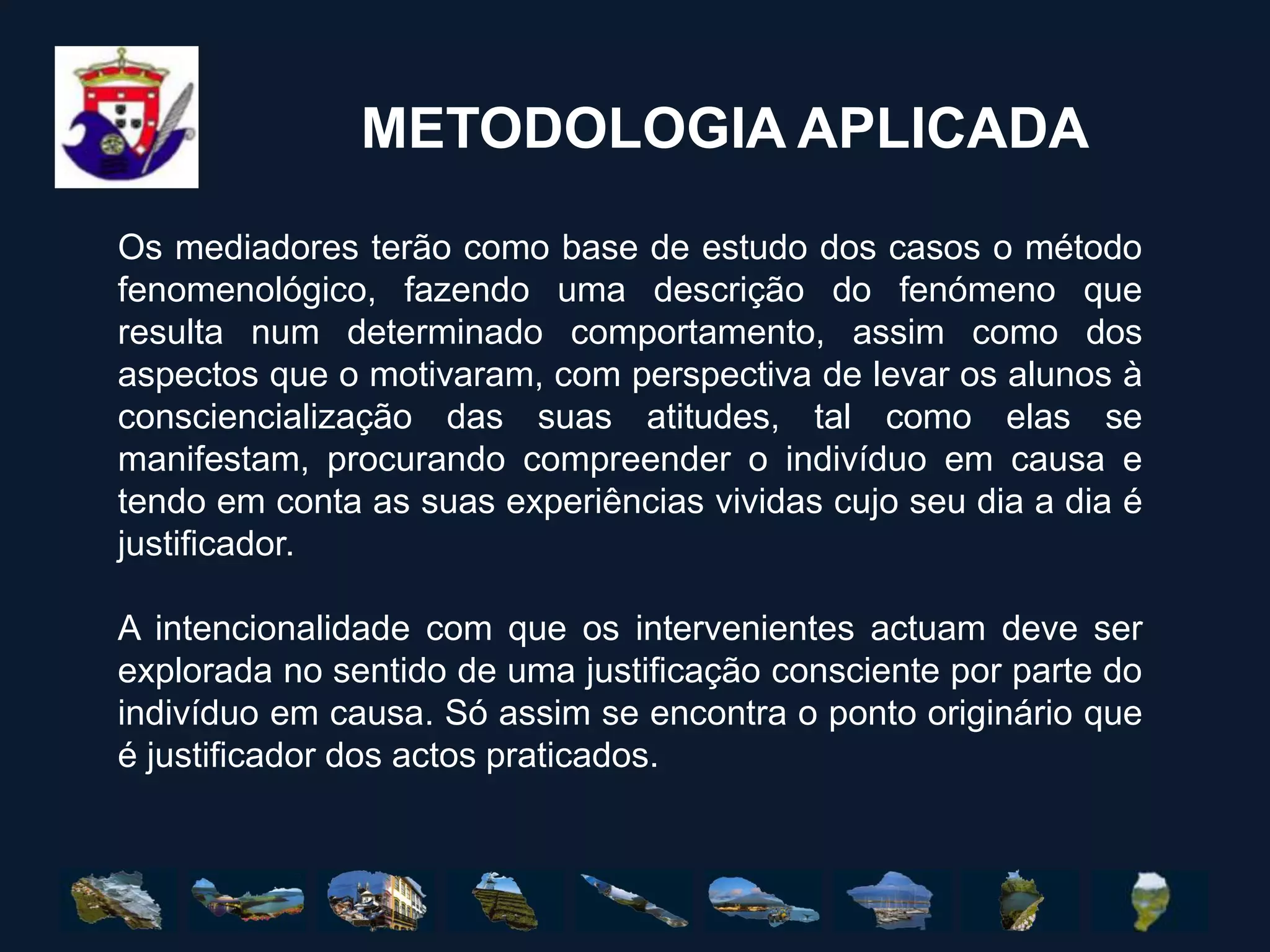 OBJECTIVOS OPERACIONAISAuxiliar os alunos com dificuldades comportamentais, quando solicitado pelos próprios ou por indicação dos órgãos competentes da escola, ouvindo-os e encontrando estratégias de compreensão dos actos, orientando-os para condutas adequadas.Auxiliar na resolução de conflitos entre alunos, ouvindo-os e levando-os a tomar consciência das suas atitudes, com vista a uma melhoria de comportamentos.