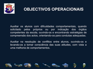    Famílias dos AlunosINTERVENIENTES NO GABINETE EQUIPA MULTIDISCIPLINARSão intervenientes no processo de gestão de conflitos, na particularidade dos casos que forem mediados, os Docentes nomeados responsáveis do projecto, o Director de Turma do aluno ou alunos em causa e, se necessário, o Psicólogo da escola. Estes últimos sempre que sejam solicitados por conveniência da situação ou para garantia de uma abordagem em benefício de uma melhoria dos protagonistas da situação – as vitimas e os agressores. Os Encarregados de Educação podem ser chamados a intervir no processo, dependendo da gravidade dos conflitos.