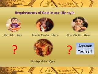 Requirements of Gold in our Life style
Born Baby – 5gms Baby Ear Piercing – 10gms Grown Up Girl – 50gms
Marriage Girl – 150gms
? ?
Answer
Yourself
 