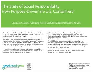 The State of Social Responsibility:
How Purpose-Driven are U.S. Consumers?

              Conscious Consumer Spending Index (#CCSIndex) Establishes Baseline for 2013



Sharp Increase in Socially Conscious Purchases on Horizon          About the Conscious Consumer Spending Index
Consumers are getting much more serious about using their          Through this study, we also established the Conscious
pocketbooks to drive positive change.                              Consumer Spending Index (#CCSIndex) as a way of tracking
                                                                   progress in this area over time.
Our poll of 1,015 Americans shows that nearly 30 percent of
consumers plan to increase the amount of goods and/or services     The #CCSIndex is a score calculated by evaluating the
they buy from socially responsible companies in the coming         importance consumers place on purchasing from socially
year. This is up from 18 percent who reported buying more from     responsible companies, actions taken to support such products
such companies in 2012 compared to 2011.                           and services, and future intent to increase the amount they
                                                                   spend with responsible organizations.
In total, 60 percent believe it’s important to shop responsibly,
compared to “being green” (83%), reducing consumption (81%)        Based on the inaugural results, the #CCSIndex has set a
and contributing financially to nonprofits (65%).                  baseline of 65 (on a 100 point scale).




                                                                                                   Email:	
  info@goodmustgrow.com	
  
                                                                                                   Web:	
  www.goodmustgrow.com	
  	
  
                                                                                                   Twitter:	
  @goodmustgrow	
  
                                                                                                   Phone:	
  615-­‐614-­‐1180	
  
 