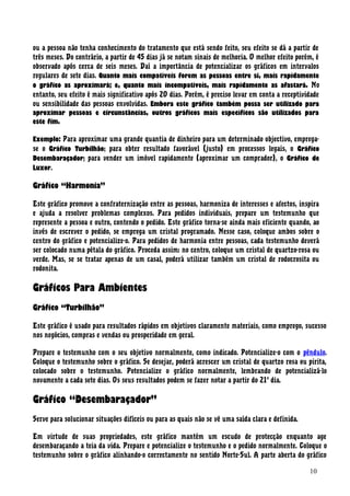 ou a pessoa não tenha conhecimento do tratamento que está sendo feito, seu efeito se dá a partir de
três meses. Do contrário, a partir de 45 dias já se notam sinais de melhoria. O melhor efeito porém, é
observado após cerca de seis meses. Daí a importância de potencializar os gráficos em intervalos
regulares de sete dias. Quanto mais compatíveis forem as pessoas entre si, mais rapidamente
o gráfico as aproximará; e, quanto mais incompatíveis, mais rapidamente as afastará. No
entanto, seu efeito é mais significativo após 20 dias. Porém, é preciso levar em conta a receptividade
ou sensibilidade das pessoas envolvidas. Embora este gráfico também possa ser utilizado para
aproximar pessoas e circunstâncias, outros gráficos mais específicos são utilizados para
este fim.
Exemplo: Para aproximar uma grande quantia de dinheiro para um determinado objectivo, emprega-
se o Gráfico Turbilhão; para obter resultado favorável (justo) em processos legais, o Gráfico
Desembaraçador; para vender um imóvel rapidamente (aproximar um comprador), o Gráfico de
Luxor.
Gráfico “Harmonia”
Este gráfico promove a confraternização entre as pessoas, harmoniza de interesses e afectos, inspira
e ajuda a resolver problemas complexos. Para pedidos individuais, prepare um testemunho que
represente a pessoa e outro, contendo o pedido. Este gráfico torna-se ainda mais eficiente quando, ao
invés de escrever o pedido, se emprega um cristal programado. Nesse caso, coloque ambos sobre o
centro do gráfico e potencialize-o. Para pedidos de harmonia entre pessoas, cada testemunho deverá
ser colocado numa pétala do gráfico. Proceda assim: no centro, coloque um cristal de quartzo-rosa ou
verde. Mas, se se tratar apenas de um casal, poderá utilizar também um cristal de rodocrosita ou
rodonita.
Gráficos Para Ambientes
Gráfico “Turbilhão”
Este gráfico é usado para resultados rápidos em objetivos claramente materiais, como emprego, sucesso
nos negócios, compras e vendas ou prosperidade em geral.
Prepare o testemunho com o seu objetivo normalmente, como indicado. Potencialize-o com o pêndulo.
Coloque o testemunho sobre o gráfico. Se desejar, poderá acrescer um cristal de quartzo rosa ou pirita,
colocado sobre o testemunho. Potencialize o gráfico normalmente, lembrando de potencializá-lo
novamente a cada sete dias. Os seus resultados podem se fazer notar a partir do 21o
dia.
Gráfico “Desembaraçador”
Serve para solucionar situações difíceis ou para as quais não se vê uma saída clara e definida.
Em virtude de suas propriedades, este gráfico mantém um escudo de protecção enquanto age
desembaraçando a teia da vida. Prepare e potencialize o testemunho e o pedido normalmente. Coloque o
testemunho sobre o gráfico alinhando-o correctamente no sentido Norte-Sul. A parte aberta do gráfico
10
 