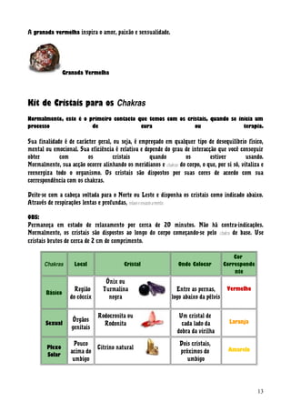 A granada vermelha inspira o amor, paixão e sensualidade.
Granada Vermelha
Kit de Cristais para os Chakras
Normalmente, este é o primeiro contacto que temos com os cristais, quando se inicia um
processo de cura ou terapia.
Sua finalidade é de carácter geral, ou seja, é empregado em qualquer tipo de desequilíbrio físico,
mental ou emocional. Sua eficiência é relativa e depende do grau de interacção que você conseguir
obter com os cristais quando os estiver usando.
Normalmente, sua acção ocorre alinhando os meridianos e chakras do corpo, o que, por si só, vitaliza e
reenergiza todo o organismo. Os cristais são dispostos por suas cores de acordo com sua
correspondência com os chakras.
Deite-se com a cabeça voltada para o Norte ou Leste e disponha os cristais como indicado abaixo.
Através de respirações lentas e profundas, relaxeeesvazieamente.
OBS:
Permaneça em estado de relaxamento por cerca de 20 minutos. Não há contra-indicações.
Normalmente, os cristais são dispostos ao longo do corpo começando-se pelo chakra de base. Use
cristais brutos de cerca de 2 cm de comprimento.
Chakras Local Cristal Onde Colocar
Cor
Corresponde
nte
Básico
Região
do cóccix
Ónix ou
Turmalina
negra
Entre as pernas,
logo abaixo da pélvis
Vermelho
Sexual
Órgãos
genitais
Rodocrosita ou
Rodonita
Um cristal de
cada lado da
dobra da virilha
Laranja
Plexo
Solar
Pouco
acima do
umbigo
Citrino natural
Dois cristais,
próximos do
umbigo
Amarelo
13
 