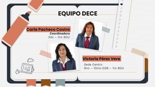Victoria Pérez Vera
Carla Pacheco Castro
Coordinadora
2do – 3ro BGU
Sede Centro
9no – 10mo EGB – 1ro BGU
EQUIPO DECE
 
