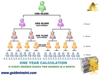 www.goldmineint.com IF EVERY MEMBER MAKES TWO MEMBER IN A MONTH 1 ST  Month 2 nd   Month 3 rd   Month 4 th   Month 5 th   Month ONE YEAR CALCULATION  US$ 40,000 US$ 20,000 EACH PERSON US$ 10,000 EACH PERSON US$ 5,000 EACH PERSON 