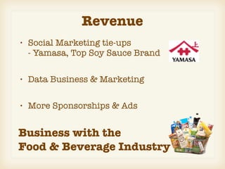 Revenue
•   Social Marketing tie-ups
    - Yamasa, Top Soy Sauce Brand

•   Data Business & Marketing

•   More Sponsorships & Ads


Business with the
Food & Beverage Industry
 