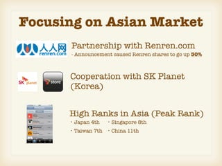 Focusing on Asian Market
      Partnership with Renren.com
      - Announcement caused Renren shares to go up 30%



      Cooperation with SK Planet
      (Korea)


      High Ranks in Asia (Peak Rank)
      ・Japan 4th   ・Singapore 8th
      ・Taiwan 7th ・China 11th
 
