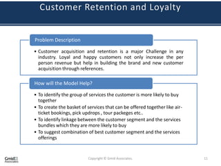 Customer Retention and Loyalty


Problem Description

• Customer acquisition and retention is a major Challenge in any
  industry. Loyal and happy customers not only increase the per
  person revenue but help in building the brand and new customer
  acquisition through references.

How will the Model Help?

• To identify the group of services the customer is more likely to buy
  together
• To create the basket of services that can be offered together like air-
  ticket bookings, pick updrops , tour packeges etc..
• To identify linkage between the customer segment and the services
  bundles which they are more likely to buy
• To suggest combination of best customer segment and the services
  offerings


                          Copyright © Gmid Associates.                      11
 