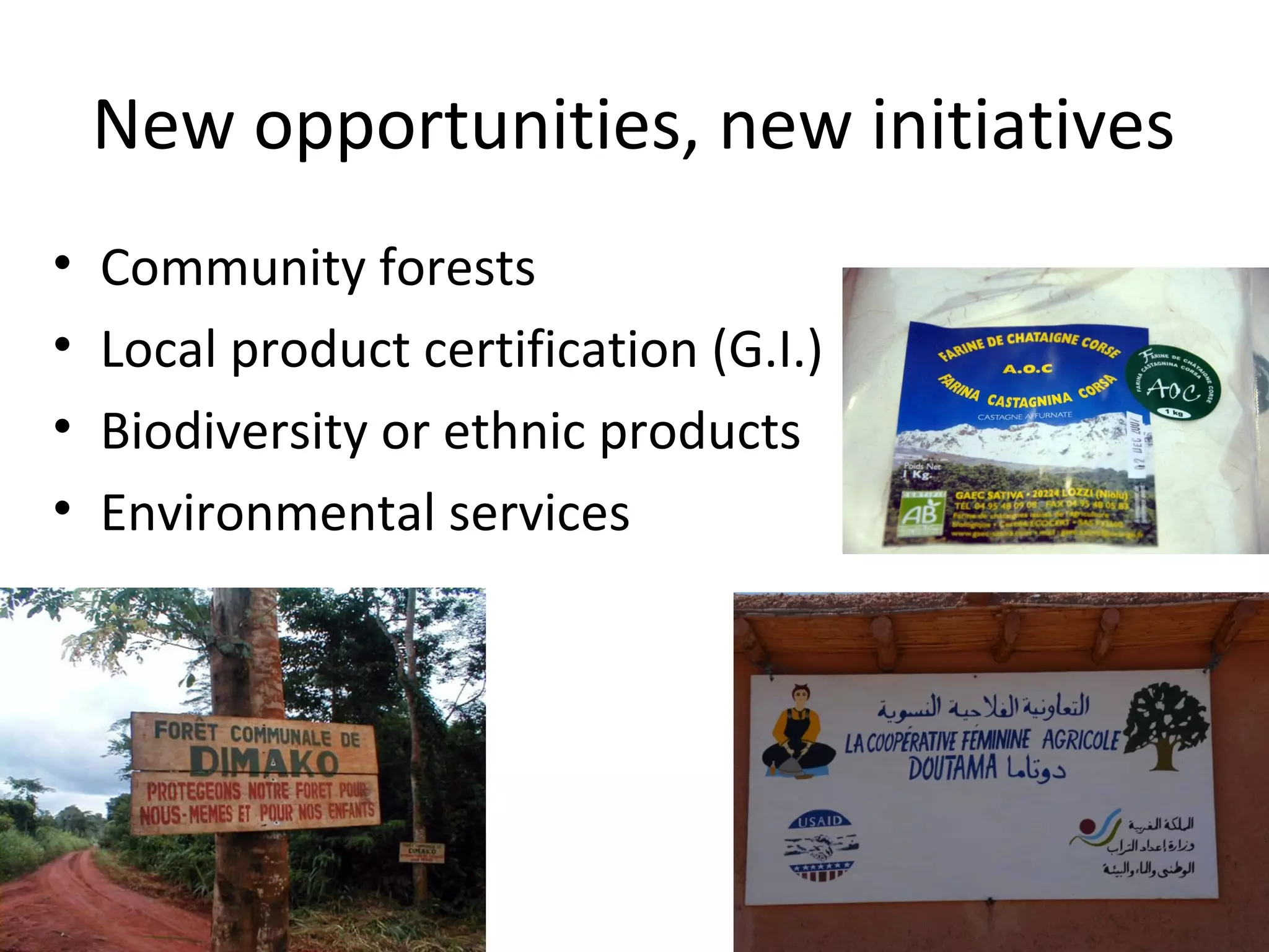 New opportunities, new initiatives
•
•
•
•

Community forests
Local product certification (G.I.)
Biodiversity or ethnic products
Environmental services

 