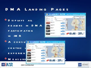 DMA Landing Pages Displays all  dealers in DMA  participating  in iMR A consumer- centric local market experience Measure brand advertising at  local level  Track results and improve over time 