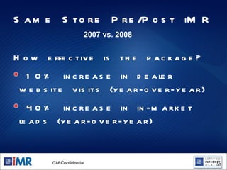 Same Store Pre/Post iMR How effective is the package? 10% increase in dealer website visits (year-over-year) 40% increase in in-market leads (year-over-year)  2007 vs. 2008 