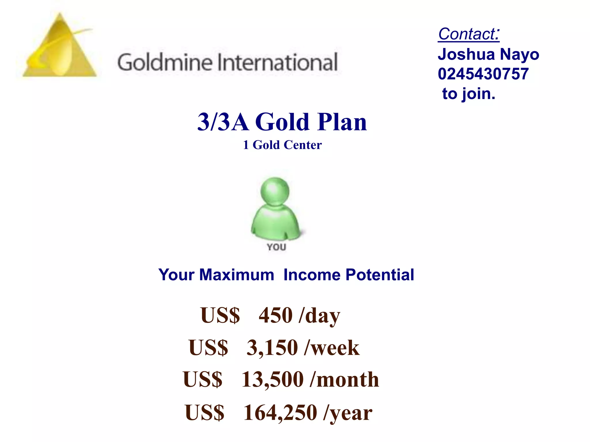 Contact:Joshua Nayo0245430757 to join.3/3A Gold Plan1 Gold CenterYour Maximum  Income PotentialUS$	450 /dayUS$	3,150 /weekUS$	13,500 /monthUS$	164,250 /year