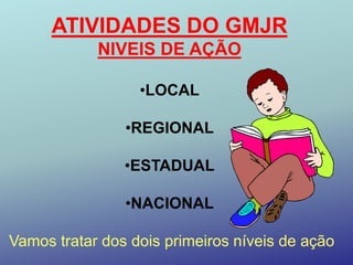 ATIVIDADES DO GMJR
            NIVEIS DE AÇÃO

                  •LOCAL

                •REGIONAL

                •ESTADUAL

                •NACIONAL

Vamos tratar dos dois primeiros níveis de ação
 