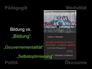 Pädagogik 
Bildung vs. 
„Bildung“ 
Medialität 
„Gouvernementalität“ (2009) 
„Selbstoptimierung“ 
Politik Ökonomie 
 