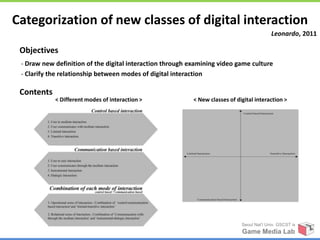 Categorization of new classes of digital interaction
                                                                                            Leonardo, 2011

 Objectives
 - Draw new definition of the digital interaction through examining video game culture
 - Clarify the relationship between modes of digital interaction

 Contents
            < Different modes of interaction >             < New classes of digital interaction >




                                                                              Seoul Nat’l Univ. GSCST ix
                                                                              Game Media Lab
 