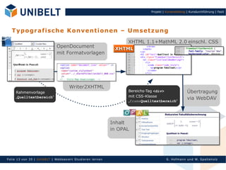 Projekt | Kurserstellung | Kursdurchführung | Fazit




   T y p o gr a f is c h e K o n v en ti o n en – U m s et z u n g
                                                                       XHTML 1.1+MathML 2.0 einschl. CSS
                                OpenDocument
                                mit Formatvorlagen




                                        Writer2XHTML
     Rahmenvorlage                                                     Bereichs-Tag <div>                 Übertragung
                                                                       mit CSS-Klasse
     „Quelltextbereich“
                                                                       „frameQuelltextbereich“
                                                                                                          via WebDAV




                                                                 Inhalt
                                                                 in OPAL




Fol ie 13 von 3 5 | U nIbELT | Webbasiert S tu dieren l ern en                             S. Hofman n un d W. Sp al teh olz
 