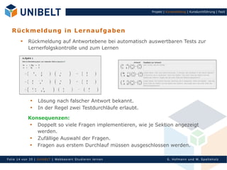 Projekt | Kurserstellung | Kursdurchführung | Fazit




   R üc k m e ld u n g i n Ler n a uf ga be n
            Rückmeldung auf Antwortebene bei automatisch auswertbaren Tests zur
             Lernerfolgskontrolle und zum Lernen




               
                    Lösung nach falscher Antwort bekannt.
                   In der Regel zwei Testdurchläufe erlaubt.

             Konsequenzen:
               Doppelt so viele Fragen implementieren, wie je Sektion angezeigt
                werden.
              
                Zufällige Auswahl der Fragen.
               Fragen aus erstem Durchlauf müssen ausgeschlossen werden.

Fol ie 14 von 3 5 | U nIbELT | Webbasiert S tu dieren l ern en             S. Hofman n un d W. Sp al teh olz
 