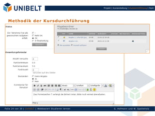 Projekt | Kurserstellung | Kursdurchführung | Fazit




   M et ho di k de r K u rs d u r ch f ü h ru n g




Fol ie 24 von 3 5 | U nIbELT | Webbasiert S tu dieren l ern en             S. Hofman n un d W. Sp al teh olz
 