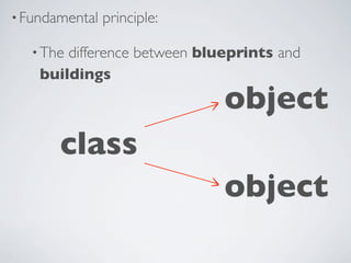 •Fundamental principle:
•The difference between blueprints and
buildings
class
object
object
 
