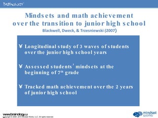 Mindsets and math achievement over the transition to junior high school   Blackwell, Dweck, & Trzesniewski (2007 ) ,[object Object],[object Object],[object Object]