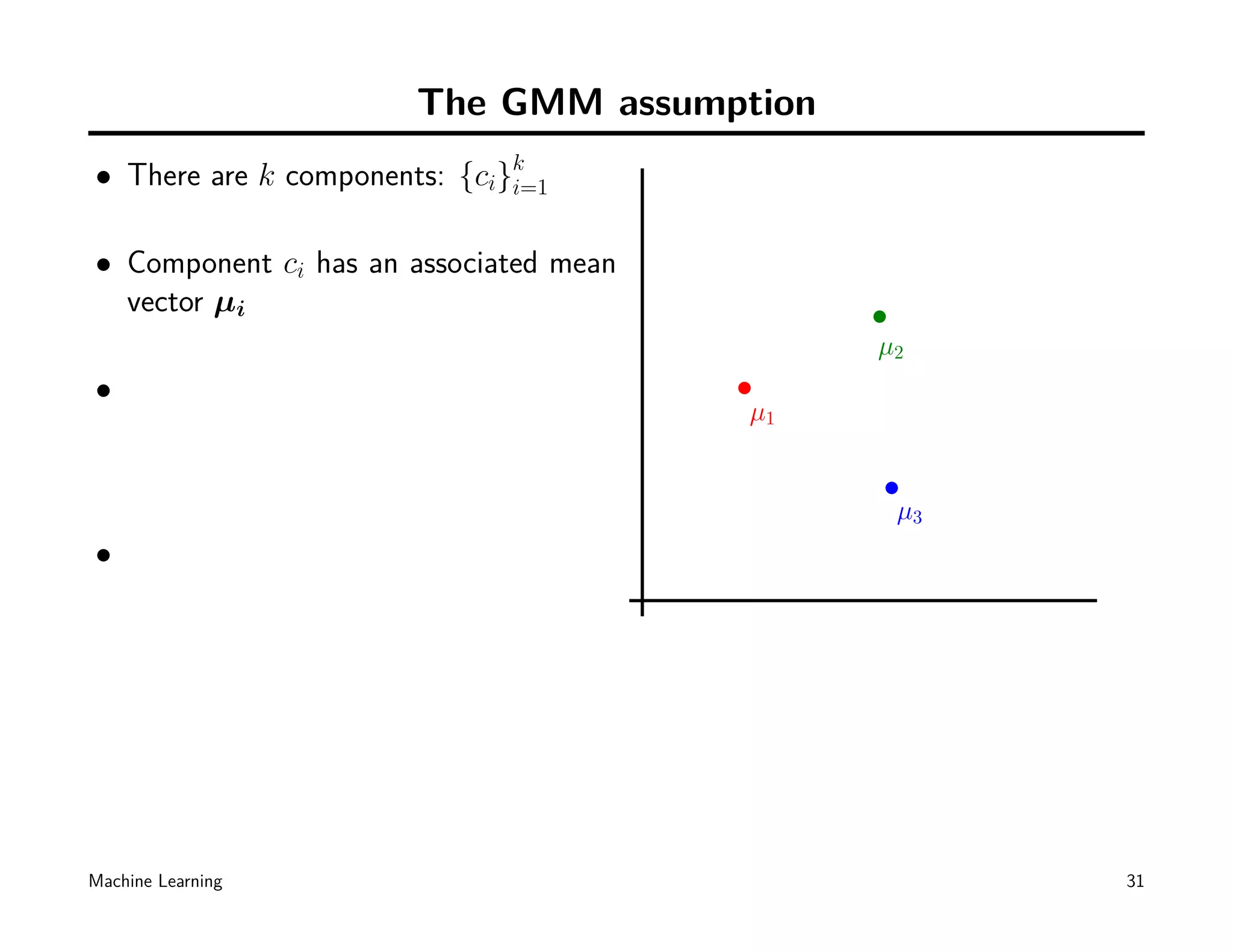 The GMM assumption
• There are k components: {ci}k
                              i=1


• Component ci has an associated mean
  vector µi
                                             µ2
•
                                        µ1


                                              µ3
•




Machine Learning                                   31
 