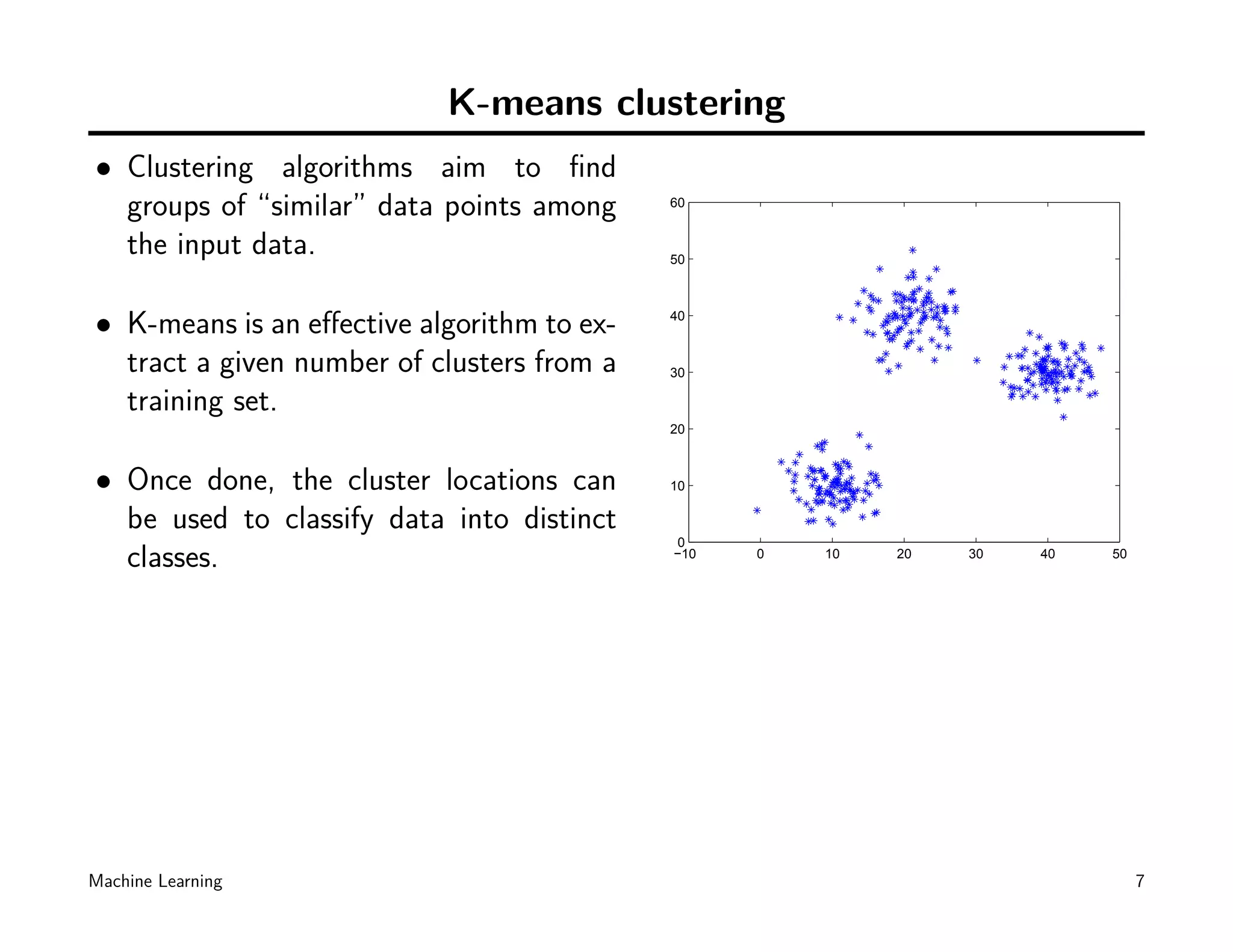 K-means clustering
• Clustering algorithms aim to ﬁnd
  groups of “similar” data points among     60


  the input data.                           50




• K-means is an eﬀective algorithm to ex-   40


  tract a given number of clusters from a   30

  training set.
                                            20



• Once done, the cluster locations can      10

  be used to classify data into distinct
                                            0
  classes.                                  −10   0   10   20   30   40   50




Machine Learning                                                               7
 