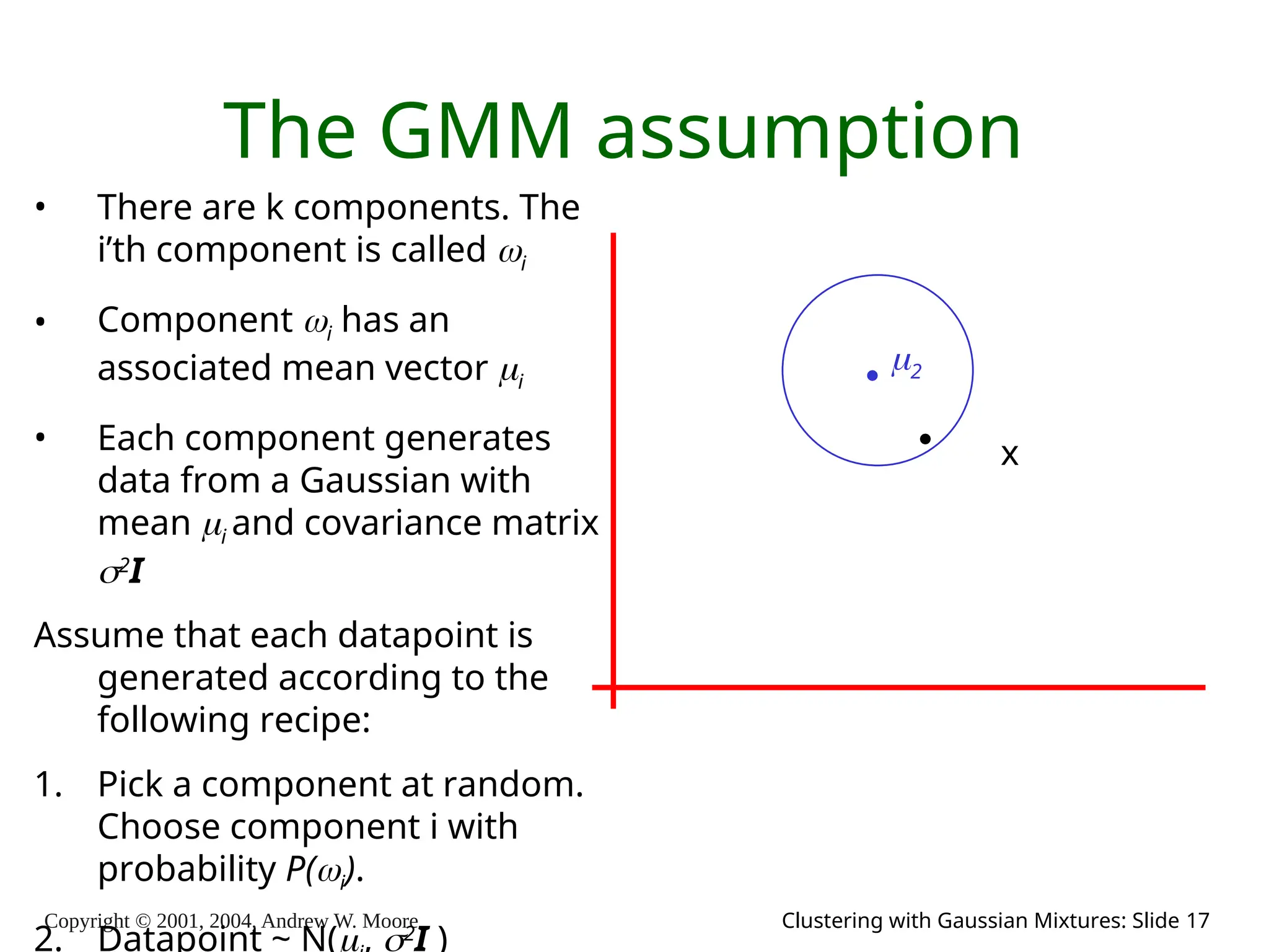 Copyright © 2001, 2004, Andrew W. Moore Clustering with Gaussian Mixtures: Slide 17
The GMM assumption
• There are k components. The
i’th component is called i
• Component i has an
associated mean vector i
• Each component generates
data from a Gaussian with
mean i and covariance matrix
2
I
Assume that each datapoint is
generated according to the
following recipe:
1. Pick a component at random.
Choose component i with
probability P(i).
2. Datapoint ~ N(, 2
I )
2
x
 