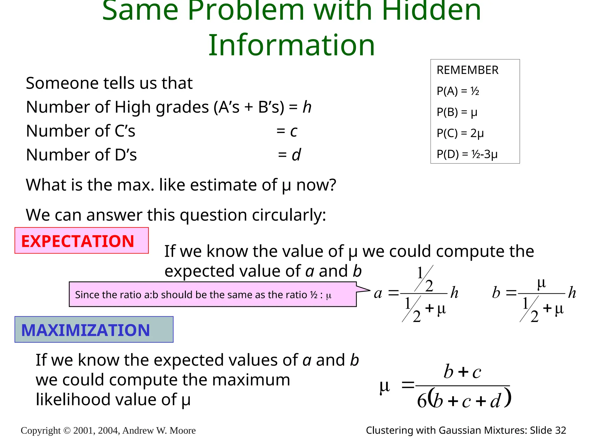 Copyright © 2001, 2004, Andrew W. Moore Clustering with Gaussian Mixtures: Slide 32
Same Problem with Hidden
Information
h
b
h
a
μ
2
1
μ
μ
2
1
2
1




 
d
c
b
c
b




6
μ
Someone tells us that
Number of High grades (A’s + B’s) = h
Number of C’s = c
Number of D’s = d
What is the max. like estimate of μ now?
We can answer this question circularly:
EXPECTATION
MAXIMIZATION
If we know the value of μ we could compute the
expected value of a and b
If we know the expected values of a and b
we could compute the maximum
likelihood value of μ
REMEMBER
P(A) = ½
P(B) = μ
P(C) = 2μ
P(D) = ½-3μ
Since the ratio a:b should be the same as the ratio ½ : 
 