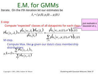 Copyright © 2001, 2004, Andrew W. Moore Clustering with Gaussian Mixtures: Slide 37
E.M. for GMMs
Iterate. On the t’th iteration let our estimates be
t = { μ1(t), μ2(t) … μc(t) }
E-step
Compute “expected” classes of all datapoints for each class
     
 
 
 



 c
j
j
j
j
k
i
i
i
k
t
k
t
i
t
i
k
t
k
i
t
p
t
w
x
t
p
t
w
x
x
w
w
x
x
w
1
2
2
)
(
),
(
,
p
)
(
),
(
,
p
p
P
,
p
,
P
I
I








M-step.
Compute Max. like μ given our data’s class membership
distributions
 
 
 




k
t
k
i
k
k
t
k
i
i
x
w
x
x
w
t


,
P
,
P
1
μ
Just evaluate a
Gaussian at xk
 