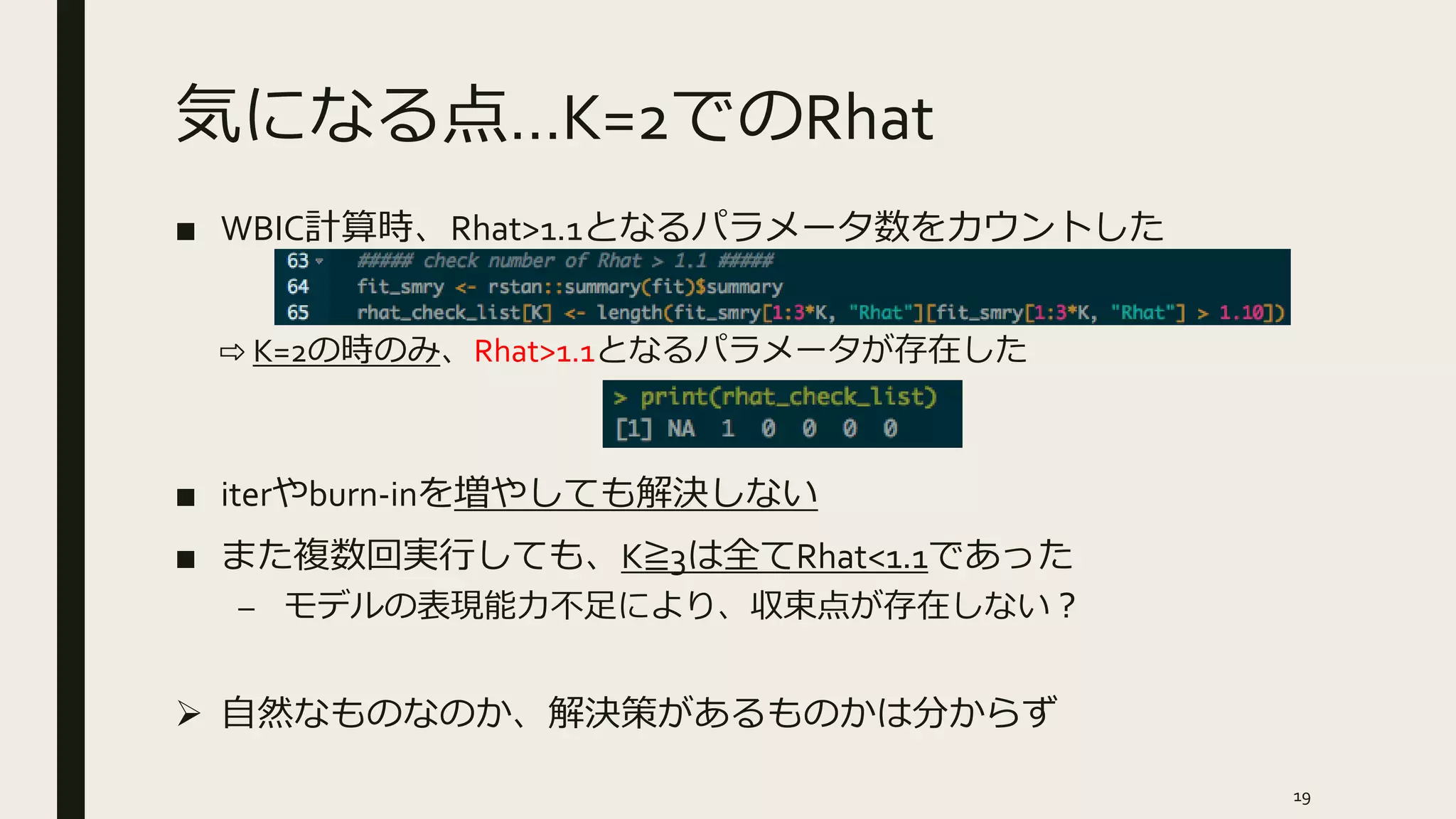 気になる点…K=2でのRhat
■ WBIC計算時、Rhat>1.1となるパラメータ数をカウントした
⇨ K=2の時のみ、Rhat>1.1となるパラメータが存在した
■ iterやburn-inを増やしても解決しない
■ また複数回実行しても、K≧3は全てRhat<1.1であった
– モデルの表現能力不足により、収束点が存在しない？
 自然なものなのか、解決策があるものかは分からず
19
 