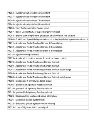 P1234 - Injector circuit cylinder 5 intermittent
P1237 - Injector circuit cylinder 6 intermittent
P1240 - Injector circuit cylinder 7 intermittent
P1243 - Injector circuit cylinder 8 intermittent
P1250 - Early fuel evaporation heater circuit
P1257 - Boost Control fault, or supercharger overboost
P1258 - Engine over-temperature protection or low coolant fuel disable
P1260 - Fuel Pump Speed Relay control circuit or last test failed speed control circuit
P1271 - Accelerator Pedal Position Sensor 1-2 correlation
P1272 - Accelerator Pedal Position Sensor 2-3 correlation
P1273 - Accelerator Pedal Position Sensor 1-3 correlation
P1274 - Injection wiring incorrect
P1275 - Acceleration position sensor 2 circuit, or boost control
P1276 - Accelerator Pedal Positioning Sensor 1 circuit
P1280 - Accelerator Pedal Positioning Sensor 2 circuit
P1281 - Accelerator Pedal Positioning Sensor 2 circuit out of range
P1285 - Accelerator Pedal Positioning Sensor 2 circuit
P1286 - Accelerator Pedal Positioning Sensor 2 circuit out of range
P1300 - Ignition coil 1 primary feedback circuit
P1305 - Ignition Coil 2 primary feedback circuit
P1310 - Ignition Coil 3 primary feedback circuit
P1315 - Ignition Coil 4 primary feedback circuit
P1320 - Distributorless ignition 4X signal intermittent
P1321 - Electronic ignition system fault
P1322 - Electronic ignition system control missing
P1323 - Loss of high-resolution rpm signal
 