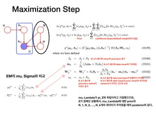 ln q⋆
(μ, Λ) =
K
∑
k=1
ln p(μk, Λk) +
K
∑
k=1
N
∑
n=1
E[znk]ln N(xn |μk, Λ−1
k ) + const .
mu, Lambda가 pi, Z와 독립이라고 가정했으므로,
Z가 정해진 상황에서, mu, Lambda에 대한 prior와
N_1, N_2, …, N_k개의 데이터가 주어졌을 때의 posterior와 같다.
EM의 mu, Sigma와 비교
N_k가 클수록 mean의 precision 증가
N_k가 클수록 data mean에 가까워짐
N_k가 클수록
precision matrix의
자유도 증가
N_k가 클수록 data precision의 영향력이 커지며,
N_k가 클수록 data mean과 prior mean의 차이만큼
variance가 커지는 것으로 보상
ln q⋆
(μk, Λk) = ln p(μk, Λk) +
N
∑
n=1
E[znk]ln N(xn |μk, Λ−1
k ) + const .
Prior Likelihood (resposibility로 weight되어 있음)
Maximization Step
 