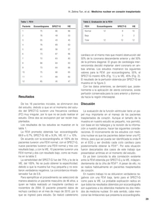 H. Zetina Tun, et al.: Medicina nuclear en corazón trasplantado



  Tabla 1. FEVI                                             Tabla 2. Graduación de la FEVI

   Paciente       Ecocardiograma   SPECT-G   VIE             FEVI         Ecocardiograma     SPECT-G      VIE

   1                    75           66      66              Normal             12              9         10

   2                    76           49      53              Baja                               3          2

   3                    55           43      45              Total              12             12         12

   4                    76           69      63

   5                    60           56      57

   6                    73           67      66
                                                          cardíaco en el mismo mes que mostró obstrucción del
   7                    72           63      83           50% de la coronaria descendente anterior y del 50%
   8                    68           64      63           de la primera diagonal. El grupo de cardiología inter-
                                                          vencionista decidió implantar stent coronario en am-
   9                    73           64      66
                                                          bas arterias. Los estudios mostraron los siguientes
   10                   75           66      65           valores para la FEVI: por ecocardiograma, 55%; el
   11                   71           68      60           SPECT-G mostró 43% (Fig. 1) y la VIE, 45% (Fig. 2).
                                                          El resultado de la perfusión obtenida por SPECT-G se
   12                   65           45      47
                                                          muestra en la figura 3.
                                                             Con los datos anteriores, se demostró que, poste-
                                                          riormente a la aplicación de stents coronarios, existe
                                                          perfusión conservada para la cara anterior y disminui-
Resultados                                                da hacia la región inferoseptal.

   De los 16 pacientes iniciales, se eliminaron dos       Discusión
del estudio, debido a que en el momento del estu-
dio del SPECT-G tuvieron una frecuencia cardíaca             La evaluación de la función ventricular tiene un pa-
(FC) muy irregular, por lo que no se pudo realizar el     pel muy importante en el manejo de los pacientes
estudio. Otros dos se excluyeron por ser recién tras-     trasplantados de corazón. Aunque el tamaño de la
plantados.                                                muestra en nuestro estudio es pequeño, nos permitió,
   Los resultados de los estudios se muestran en la       con base en los hallazgos y la revisión de la informa-
tabla 1.                                                  ción a nuestro alcance, hacer las siguientes conside-
   La FEVI promedio obtenida fue: ecocardiografía:        raciones. El inconveniente de los estudios con medi-
69.9 ± 6.7%, SPECT-G: 60 ± 9.3%, VIE: 61.1 ± 10%.         cina nuclear es que los pacientes deben tener una FC
   De acuerdo con la ecocardiografía, el 100% de los      rítmica, para que así pueda ser identificada la onda R
pacientes tuvieron una FEVI normal; con el SPECT-G,       en el ECG y ser dividido cada ciclo cardíaco para
nueve pacientes tuvieron una FEVI normal y tres con       posteriormente obtener la FEVI11. Por esta situación
resultado bajo, y con la VIE, 10 pacientes tuvieron una   fueron descartados dos casos de este trabajo que
FEVI normal y dos con resultado bajo, como se mues-       presentaban arritmias en el momento del estudio.
tra en la tabla 2.                                           Es ya bien conocida la alta correlación existente
   La sensibilidad del SPECT-G fue del 75% y la de la     entre la FEVI obtenida por SPECT-G y la VIE, indepen-
VIE, del 100%. No se pudo obtener la especificidad,       dientemente de la cifra de FEVI14. A pesar de ello, no
debido a que la muestra fue muy pequeña y no exis-        se realiza habitualmente en pacientes trasplantados
tieron verdaderos negativos. La concordancia intraob-     de corazón.
servador fue de 0.8.                                         En nuestro trabajo no se obtuvieron verdaderos ne-
   Para ejemplificar el procedimiento se seleccionó de    gativos con una FEVI baja, tanto para el SPECT-G
manera aleatoria un paciente masculino de 46 años, a      como para la VIE. La probable explicación radica en
quien se había realizado un trasplante cardíaco en        que todos los resultados obtenidos por ecocardiografía
noviembre de 2004. El paciente presentó datos de          son superiores a los obtenidos mediante los dos méto-
rechazo cardíaco en el mes de mayo de 2010, por lo        dos de medicina nuclear. En este sentido, cabe men-
que se ingresó para estudio. Se realizó cateterismo       cionar las limitaciones que presenta la ecocardiografía:
                                                                                                                     29
 