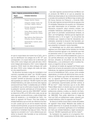Gaceta Médica de México. 2012;148


                                                                      Las siete regiones socioeconómicas de México son
       Tabla 1. Regiones socioeconómicas de México
                                                                   un producto del INEGI en el cual se presentan las
          Región           Entidades federativas                   diferencias observadas en las condiciones económicas
          socioeconómica
                                                                   y sociales de la población de México bajo la óptica del
          1                Chiapas, Guerrero, Oaxaca               XII Censo General de Población y Vivienda 2000.
          2                Campeche, Hidalgo, Puebla, San          En las siete regiones socioeconómicas se agrupa a las
                           Luis Potosí, Tabasco, Veracruz          32 entidades federativas de acuerdo con indicadores
          3                Durango, Guanajuato, Michoacán,         que están relacionados con el bienestar, como son:
                           Tlaxcala, Zacatecas                     educación, ocupación, salud, vivienda y empleo. Las
          4                Colima, México, Morelos, Nayarit,
                                                                   entidades federativas clasificadas en una misma re-
                           Querétaro, Quintana Roo, Sinaloa,       gión tienen en promedio características similares, es
                           Yucatán                                 decir, son homogéneas, mientras que las regiones son
          5                Baja California, Baja California Sur,   diferentes entre sí. En la región 7 se encuentran las
                           Chihuahua, Sonora, Tamaulipas           entidades que, respecto al total de indicadores con-
          6                Aguascalientes, Coahuila, Jalisco,      siderados, presentan la situación más favorable; por
                           Nuevo León                              el contrario, la región 1 se compone de las entidades
          7                Ciudad de México
                                                                   que presentan la situación menos favorable.
                                                                      La metodología que se utilizó para establecer las
       INEGI.
                                                                   regiones tuvo como objeto formar estratos con mínima
                                                                   varianza buscando agrupar a los elementos que más
                                                                   se parecieran entre sí o que estén más cercanos, si-
     en que la causa básica de muerte fue el CaCu, por lo          guiendo un criterio de similitud establecido y que a su
     que se identificaron los códigos de la CIE 1016, que          vez permita diferenciar una región de otra. Entre las
     corresponden a la causa básica de la defunción por            técnicas utilizadas se encuentran las distancias de
     CaCu (C53: tumor maligno del cuello del útero; C53.0:         Mahalanobis, y una combinación entre el análisis fac-
     tumor maligno del endocérvix; C53.1: tumor maligno del        torial y el algoritmo de las k-medias20.
     exocérvix; C53.8: lesión de sitios contiguos del cuello          Se optó por el modelo de regresión de Poisson para
     del útero; C53.9: tumor maligno del cuello del útero,         determinar la fuerza de asociación entre las entidades
     sin otra especificación).                                     federativas, las regiones socioeconómicas de residen-
        Se obtuvieron las tasas crudas de mortalidad a nivel       cia con la mortalidad por CaCu, ya que, como variable
     nacional y ajustadas por edad17 por 100,000 mujeres,          dependiente, el número de defunciones tiene una dis-
     tomando como población estándar a la población                tribución de Poisson que toma valores enteros positi-
     mundial18, también se obtuvieron las tasas de mortali-        vos. La regresión de Poisson es equivalente a una
     dad ajustadas por edad por 100,000 mujeres de cada            regresión de los logaritmos de las tasas de mortalidad.
     entidad federativa y de cada una de las siete regiones        Los coeficientes exponenciados permiten estimar el
     socioeconómicas (Tabla 1) establecidas por el INEGI.          RR de morir21. Cabe mencionar que en el año 2003
     La población que se utilizó para el ajuste de tasas fue       Palacio-Mejía realizó un estudio que tuvo como objeti-
     la población nacional, estimada por el Consejo Nacio-         vo examinar las tasas de mortalidad por CaCu en
     nal de Población para los años 2000-200819, también           poblaciones urbanas y rurales y su relación con facto-
     se determinó el RR y el IC 95% entre cada una de las          res relacionados con la pobreza, durante el periodo
     siete regiones socioeconómicas y cada entidad fede-           de 1990-2000. Para poder determinar el riesgo de
     rativa de residencia, y la mortalidad por CaCu, me-           morir por CaCu en poblaciones rurales, urbanas y por
     diante la regresión de Poisson. Para este análisis la         entidad federativa utilizó la regresión de Poisson22.
     entidad federativa que se tomó de referencia fue Nue-            Se obtuvo el cambio anual medio a través del análisis
     vo León, puesto que es uno de los estados más favo-           de regresión lineal simple. Mediante este análisis es
     recidos económicamente, ya que se encuentra ubicado           posible determinar en el periodo de estudio si hay una
     en la sexta posición de las regiones socioeconómicas,         disminución o incremento significativo en la mortalidad
     y presentó la mortalidad más baja por CaCu. Para las          por CaCu por entidad federativa y región socioeconó-
     regiones se consideró a la 7 como referencia por pre-         mica por 100,000 mujeres/año por término medio23.
     sentar la situación más favorable en las condiciones             Se manejaron los registros en el programa infor-
     económicas y sociales.                                        mático ACCESS 2003, posteriormente los datos se
44
 