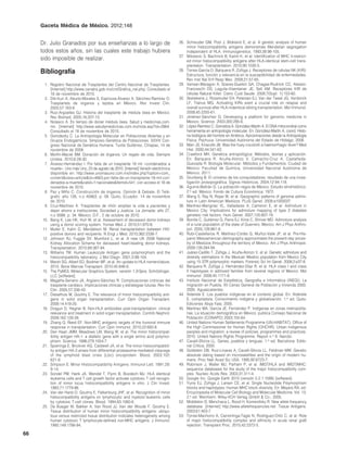Gaceta Médica de México. 2012;148


     Dr. Julio Granados por sus enseñanzas a lo largo de                              26. Schreuder GM, Pool J, Blokland E, et al. A genetic analysis of human
                                                                                          minor histocompatibility antigens demonstrate Mendelian segregation
     todos estos años, sin las cuales este trabajo hubiera                                independent of HLA. Immunogenetics. 1993;38:98-105.
                                                                                      27. Milosevic S, Bachnick B, Karim K, et al. Identification of MHC II-restrict-
     sido imposible de realizar.                                                          ed minor histocompatibility antigens after HLA-identical stem-cell trans-
                                                                                          plantation. Transplantation. 2010;90:1030-5.
     Bibliografía                                                                     28. Torres-García D, Barquera R, Zúñiga J. Receptores de células NK (KIR):
                                                                                          Estructura, función y relevancia en la susceptibilidad de enfermedades.
                                                                                          Rev Inst Nal Enf Resp Mex. 2008;21:57-65.
      1. Registro Nacional de Trasplantes del Centro Nacional de Trasplantes.         29. Vansan-Maragon A, Soares-Guelsin GA, Chagas-Rudnick CC, Alessio-
         [Internet] http://www.cenatra.gob.mx/cnt/Grafica_nal.php. Consultado el          Franceschi DS, Laguila-Visentainer JE, Sell AM. Receptores KIR de
         18 de noviembre de 2010.                                                         células Natural Killer. Cienc Cuid Saude. 2008;7(Supl. 1):153-60.
      2. Dib-Kuri A, Aburto-Morales S, Espinoza-Álvarez A, Sánchez-Ramírez O.         30. Skellekens J, Rozemuller EH, Petersen EJ, Van der Tweel JG, Verdonck
         Trasplantes de órganos y tejidos en México. Rev Invest Clin.                     LF, Tilanus MG. Activating KIRs exert a crucial role on relapse and
         2005;57:163-9.                                                                   overall survival after HLA-indentical sibling transplantation. Mol Immunol.
      3. Ruiz-Argüelles GJ. Historia del trasplante de médula ósea en México.             2008;45:2255-61.
         Rev Biomed. 2005;16:207-13.                                                  31. Jiménez-Sánchez G. Developing a platform for genomic medicine in
      4. Nolasco A. Es tiempo de donar médula ósea. Salud y medicinas.com.                Mexico. Science. 2003;300:295-6.
         mx. [Internet] http://www.saludymedicinas.com.mx/nota.asp?id=2864.           32. López-Ramírez C, Gorostiza A, González-Martín A. El DNA mitocondrial como
         Consultado el 18 de noviembre de 2010.                                           herramienta en antropología molecular. En: González-Martín A, coord. Histo-
      5. Gorodezky C. La Antropología Molecular en Poblaciones Abiertas y en              ria biológica del hombre en América. Aproximaciones desde la Antropología
         Grupos Endogámicos. Simposio Genética de Poblaciones. XXXIV Con-                 Física. Pachuca: Universidad Autónoma del Estado de Hidalgo; 2006.
         greso Nacional de Genética Humana. Tuxtla Gutiérrez, Chiapas, 14 de          33. Marr JS, Kiracofe JB. Was the huey cocoliztli a haemorrhagic fever? Med
         noviembre de 2009.                                                               Hist. 2000;44:341-62.
      6. Morfín-Maciel BM. Donación de órganos: Un regalo de vida. Siempre            34. Crawford MH. Genética antropológica: Métodos, teorías y aplicación.
         Unidos. 2010;6:28-30.                                                            En: Barquera R, Acuña-Alonzo V, Camacho-Cruz A, Castañeda-
      7. Álvarez-Hernández I. Por falta de un trasplante 18 mil «condenados a             Quezada R. Biología Molecular: Métodos y Fundamentos. Ciudad de
         muerte». Uno más Uno, 23 de agosto de 2010. [Internet] Versión electrónica       México: Facultad de Química, Universidad Nacional Autónoma de
         disponible en: http://www.unomasuno.com.mx/index.php?option=com_                 México; 2011.
         content&view=article&id=4663:por-falta-de-un-transplante-18-mil-con-         35. Grunberg B. El universo de los conquistadores: resultado de una inves-
         denados-a-muerte&catid=1:nacionales&Itemid=541, con acceso el 18 de              tigación prosopográfica. Signos Históricos. 2004;12:94-118.
         noviembre de 2010.                                                           36. Aguirre-Beltrán G. La población negra de México. Estudio etnohistórico.
      8. Paz y Miño C. Construcción de órganos. Opinión & Debate. El Telé-                2.a ed. México: Fondo de Cultura Económica; 1972.
         grafo: año 126, n.o 45863, p. 08. Quito, Ecuador, 14 de noviembre            37. Wang S, Ray N, Rojas W, et al. Geographic patterns of genome admix-
         de 2010.                                                                         ture in Latin American Mestizos. PLoS Genet. 2008:e1000037.
      9. Cruz-Martínez A. Trasplantes de riñón amplían la vida a pacientes y          38. Martínez-Marignac VL, Valladares A, Cameron E, et al. Admixture in
         dejan ahorro a instituciones. Sociedad y Justicia. La Jornada: año 27,           Mexico City: Implications for admixture mapping of type 2 diabetes
         n.o 9388, p. 34. México, D.F., 2 de octubre de 2010.                             geneteic risk factors. Hum Genet. 2007;120:807-19.
     10. Bang K, Lee HK, Huh W, et al. Assessment of deceased donor kidneys           39. Bonilla C, Gutiérrez G, Parra EJ, Kline C, Shriver MD. Admixture analysis
         using a donor scoring system. Yonsei Med J. 2010;51:870-6.                       of a rural population of the state of Guerrero, Mexico. Am J Phys Anthro-
     11. Muller E, Kahn D, Mendelson M. Renal transplantation between HIV-                pol. 2005;128:861-9.
         positive donors and recipients. N Engl J Med. 2010;362:2336-7.               40. Rubi-Castellanos R, Martínez-Cortés G, Muñoz-Valle JF, et al. Pre-His-
     12. Johnson RJ, Fuggle SV, Mumford L, et al. A new UK 2006 National                  panic Mesoamerican demography approximates the present-day ances-
         Kidney Allocation Scheme for deceased heart-beating donor kidneys.               try of Mestizos throughout the territory of Mexico. Am J Phys Anthropol.
         Transplantation. 2010;89:387-94.                                                 2009;139:284-94.
     13. Williams TM. Human Leukocyte Antigen gene polymorphism and the               41. Juárez-Cedillo T, Zúñiga J, Acuña-Alonzo V, et al. Genetic admixture and
         histocompatibility laboratory. J Mol Diagn. 2001;3:98-104.                       diversity estimations in the Mexican Mestizo population from Mexico City
     14. Marsh SG, Albert ED, Bodmer WF, et al. An update to HLA nomenclature,            using 15 STR polymorphic markers. Forensic Sci Int Genet. 2008;2:e37-9.
         2010. Bone Marrow Transplant. 2010;45:846-8.                                 42. Barquera R, Zúñiga J, Hernández-Díaz R, et al. HLA class I and class
     15. The PyMOL Molecular Graphics System, versión 1.2r3pre, Schrödinger,              II haplotypes in admixed families from several regions of Mexico. Mol
         LLC [software].                                                                  Immunol. 2008;45:1171-8.
     16. Magaña-Serrano JA, Argüero-Sánchez R. Complicaciones crónicas del            43. Instituto Nacional de Estadística, Geografía e Informática (INEGI). La
         trasplante cardíaco. Implicaciones clínicas y estrategias futuras. Rev Inv       migración en Puebla. XII Censo General de Población y Vivienda 2000.
         Clín. 2005;57:338-43.                                                            2005. Aguascalientes.
     17. Dieselhuis M, Goulmy E. The relevance of minor histocompatibility anti-      44. Alderete E. Los pueblos indígenas en el contexto global. En: Alderete
         gens in solid organ transplantation. Curr Opin Organ Transplant.                 E, compiladora. Conocimiento indígena y globalización. 1.a ed. Quito:
         2009;14:419-25.                                                                  Ediciones Abya-Yala; 2005.
     18. Dragun D, Hegner B. Non-HLA antibodies post-transplantation: clinical        45. Martínez MA, García JE, Fernández P. Indígenas en zonas metropolita-
         relevance and treatment in solid organ transplantation. Contrib Nephrol.         nas. La situación demográfica en México: publica Consejo Nacional de
         2009;162:129-39.                                                                 Población (CONAPO) 2003;155-64.
     19. Zhang Q, Reed EF. Non-MHC antigenic targets of the humoral immune            46. United Nations Human Settlements Programme (UN-HABITAT), Office of
         response in transplantation. Curr Opin Immunol. 2010;22:682-8.                   the High Commissioner for Human Rights (OHCHR). Urban indigenous
     20. Den Haan JMM, Meadows LM, Wang W, et al. The minor histocompat-                  peoples and migration: a review of policies, programmes and practices.
         ibility antigen HA-1: a diallelic gene with a single amino acid polymor-         2010. United Nations Rights Programme. Report n.o 8. Nairobi.
         phism. Science. 1998;279:1054-7.                                             47. Cavalli-Sforza LL. Genes, pueblos y lenguas. 1.a ed. Barcelona: Edito-
     21. Spierings E, Brickner AG, Caldwell JA, et al. The minor histocompatibil-         rial Crítica; 2000.
         ity antigen HA-3 arises from differential proteasome-mediated cleavage       48. Goldstein DB, Ruiz-Linares A, Cavalli-Sforza LL, Feldman MW. Genetic
         of the lymphoid blast crisis (Lbc) oncoprotein. Blood. 2003;102:                 absolute dating based on microsatellites and the origin of modern hu-
         621-9.                                                                           mans. Proc Natl Acad Sci USA. 1995;92:6723-7.
     22. Simpson E. Minor Histocompatibility Antigens. Immunol Lett. 1991;29:         49. Robinson J, Waller MJ, Parham P, et al. IMGT/HLA and IMGT/MHC:
         9-14.                                                                            sequence databases for the study of the major histocompatibility com-
     23. Sondel PM, Hank JA, Wendel T, Flynn B, Bozdech MJ. HLA identical                 plex. Nucleic Acids Res. 2003;31:311-4.
         leukemia cells and T cell growth factor activate cytotoxic T cell recogni-   50. Google Inc. Google Earth 2010 (versión 5.2.1.1588) [software].
         tion of minor locus histocompatibility antigens in vitro. J Clin Invest.     51. Yunis EJ, Zúñiga J, Larsen CE, et al. Single Nucleotide Polymorphism
         1983;71:1779-86.                                                                 blocks and haplotypes: Human MHC block diversity. En: Meyers RA, ed.
     24. Van der Harst D, Goulmy E, Falkenburg JHF, et al. Recognition of minor           Encyclopedia of Molecular Cell Biology and Molecular Medicine. Vol. 13,
         histocompatibility antigens on lymphocytic and myeloid leukemic cells            2.a ed. Weinheim: Wiley-VCH Verlag GmbH & Co.; 2005.
         by cytotoxic T-cell clones. Blood. 1994;83:1060-6.                           52. Middleton D, Menchaca L, Rood H, Komerofsky R. New allele frequency
     25. De Bueger M, Bakker A, Van Rood JJ, Van der Woude F, Goulmy E.                   database. [Internet] http://www.allelefrequencies.net. Tissue Antigens.
         Tissue distribution of human minor histocompatibility antigens: ubiqui-          2003;61:403-7.
         tous versus restricted tissue distribution indicates heterogeneity among     53. Torres-Machorro A, Camorlinga-Tagle N, Rodríguez-Ortíz C, et al. Role
         human cytotoxic T lymphocyte-defined non-MHC antigens. J Immunol.                of major histocompatibility complex and ethnicity in acute renal graft
         1992;149:1788-94.                                                                rejection. Transplant Proc. 2010;42:2372-5.

66
 